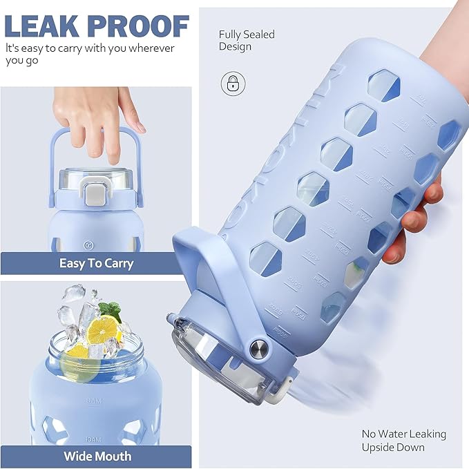 MUKOKO Half Gallon/64 oz Glass Water Bottles with Straw and Lid,Motivational Water Jug with Time Marker Reminder and Silicone Sleeve,100% Leakproof BPA Free Fitness Sports Large Bottle-Light Blue