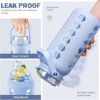 MUKOKO Half Gallon/64 oz Glass Water Bottles with Straw and Lid,Motivational Water Jug with Time Marker Reminder and Silicone Sleeve,100% Leakproof BPA Free Fitness Sports Large Bottle-Light Blue