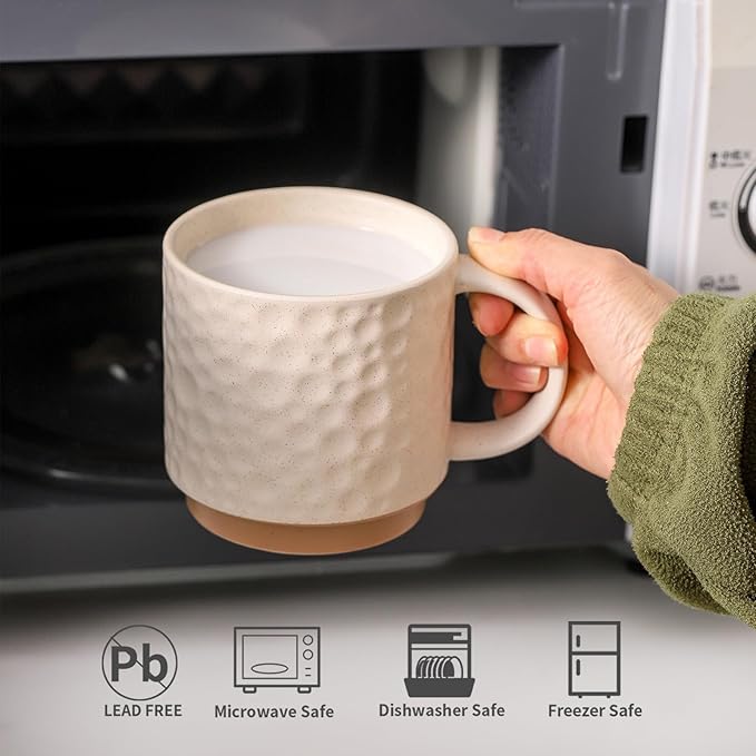 Nihow Ceramic Coffee Mug Set of 4, 16OZ Stackable Coffee Mug Set with Stainless Stand,Large Cup Set for Cappuccino,Tea,Hot/Cold Drinks,Dishwasher & Microwave Safe,Matte White