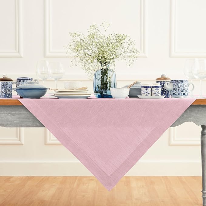 Solino Home Linen Tablecloth 52 x 52 Inch - 100% Pure Linen Square Table Throw - Athena, Machine Washable Bubblegum Pink Tablecloth for Summer, Halloween