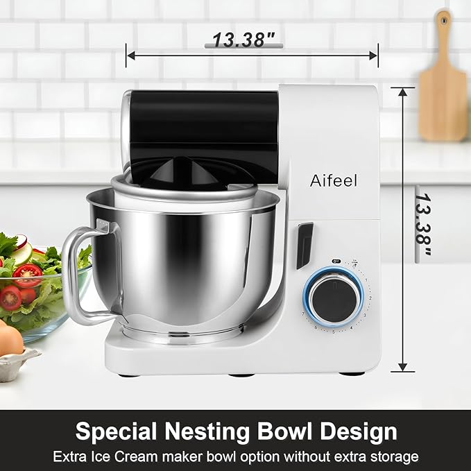 Aifeel Stand Mixer,6.5QT Mixer with 2QT Ice Cream Maker Bowl, Kitchen Electric Mixer Multifunctional Bread Dough Mixer with Dough Hook,Whisk & Beater, Food Mixer for Baking (Black-White)