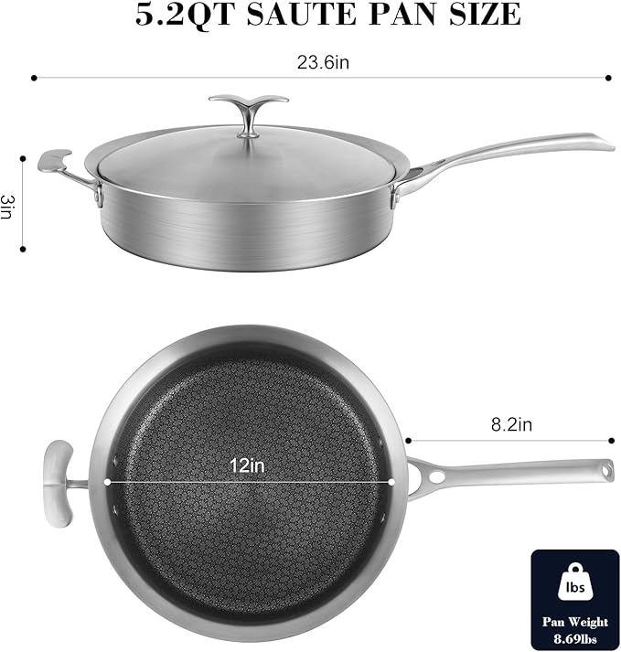 12 Inch Frying Pan with Lid, Tri-ply Stainless Steel Saute Pan, Non Stick Pans, Non Toxic Frying Pan, 5.2 QT Deep Skillet PTFE&PFOA Free, Induction, Oven & Dishwasher Safe