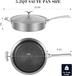 12 Inch Frying Pan with Lid, Tri-ply Stainless Steel Saute Pan, Non Stick Pans, Non Toxic Frying Pan, 5.2 QT Deep Skillet PTFE&PFOA Free, Induction, Oven & Dishwasher Safe