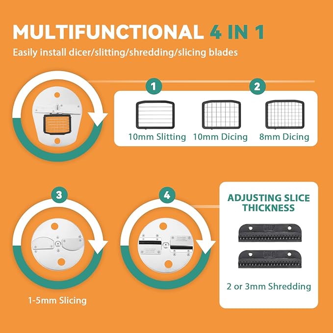 Newhai 4 in 1 Commercial Vegetable Chopper Multifunctional Automatic Dicer Slicer Shredder Strip Cutter for Onion Potato Cabbage Veggie & Fruit Processor with Multi Blades 200W 110V