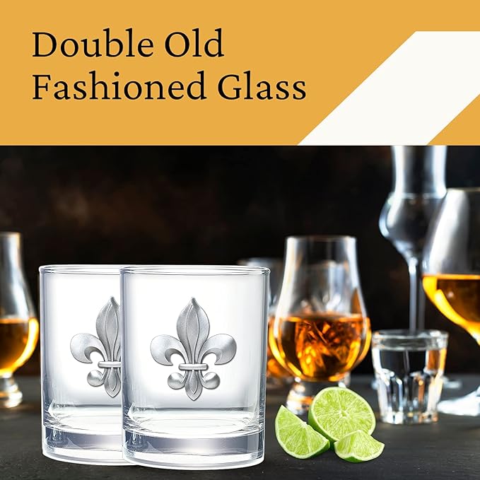 Heritage Pewter Fleur de Lis Double Old Fashion | Double Rocks Glass 14 OZ for Liquor | Expertly Crafted Pewter Glass