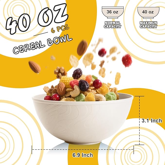 Unbreakable Wheat Straw Kitchen Cereal Bowl 40 OZ, Microwave & Dishwasher Safe Bowls, Alternative Plastic Bowls for Kitchen, Outdoors, RV, Camping, Patio, Set of 6, Beige