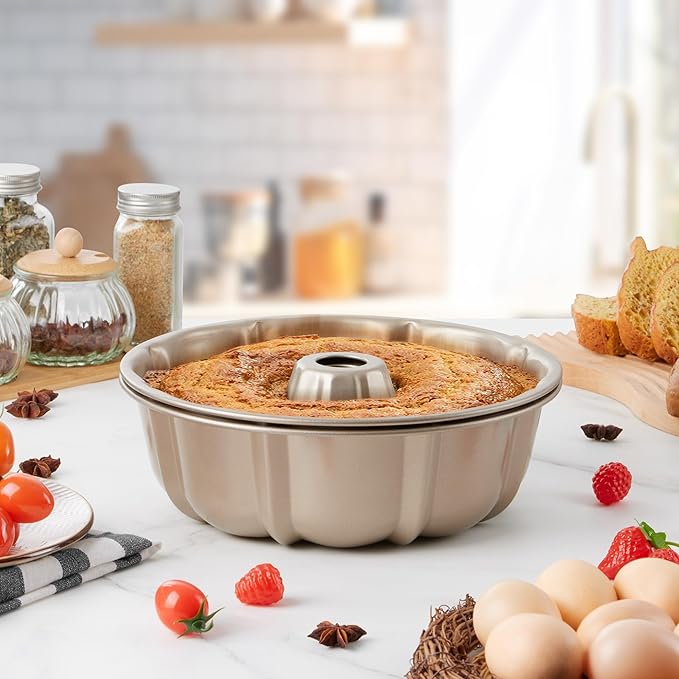 Homikit Nonstick Cake Pan Set of 2, Heavy Duty Carbon Steel Fluted Tube Round Pans 10 Inch 10 Cups for Baking Pound Cakes, Jello, Brownie, Monkey Pumpkin Bread, Oven Safe & Easy Release, Gold