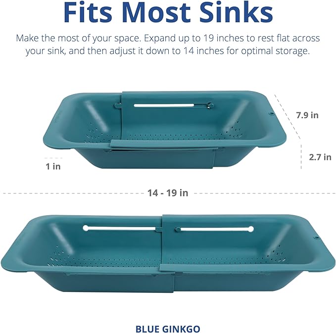 BLUE GINKGO Sink Colander Baskets - (Pack of 2) Wash Vegetables and Fruits, Drain Cooked Pasta and Dry Dishes - Extendable - New Home Kitchen Essentials (2 Teal)