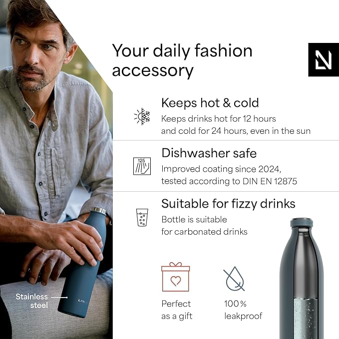 LARS NYSØM Stainless Steel Insulated XL Water Bottle 12oz 17oz 25oz 34oz 51oz | Insulated Thermo Flask for Hot and Cold Beverages | Leakproof Drinking Bottle (Stone Blue, XL 50.7oz)