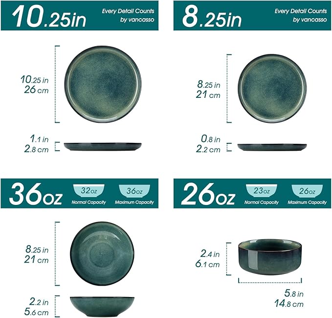 vancasso Starry Plates and Bowls Sets for 6, 24 Pieces Dinnerware Sets, Green Reactive Glaze Dishes Sets for Kitchen, Scratch Resistant Stoneware Dishes Set, Dishwasher and Microwave Safe