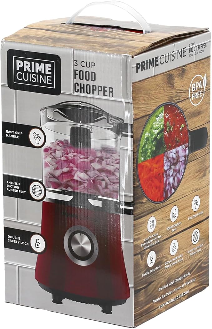 Electric Vegetable Chopper & Food Processor, 3 Cup Capacity, For Mincing, Emulsify and Puree, Burgundy