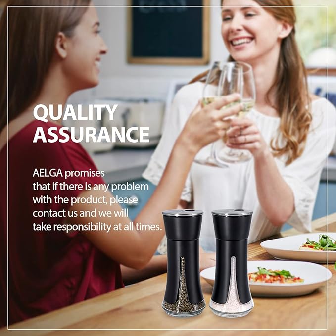 Black Salt and Pepper Shakers by Aelga, Salt Shaker with Adjustable Pour Holes, Black Kitchen Accessories, Decor for Kitchen,Restaurants,Camp,BBQ