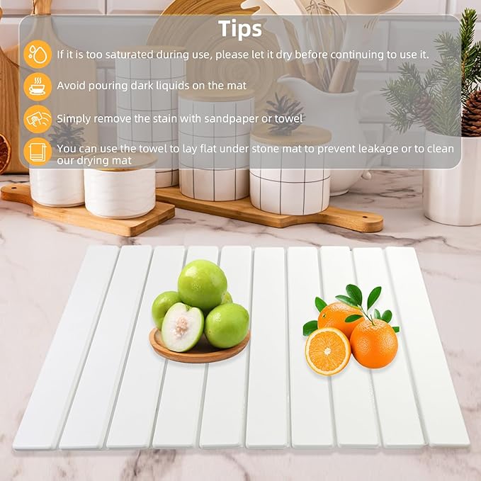 Large Stone Dish Drying Mats for Kitchen Counter, 24"(L)×16"(W), Fast Dry Super Absorbent Collapsible Dish Drying Pad (White, 24"(L)×16"(W))