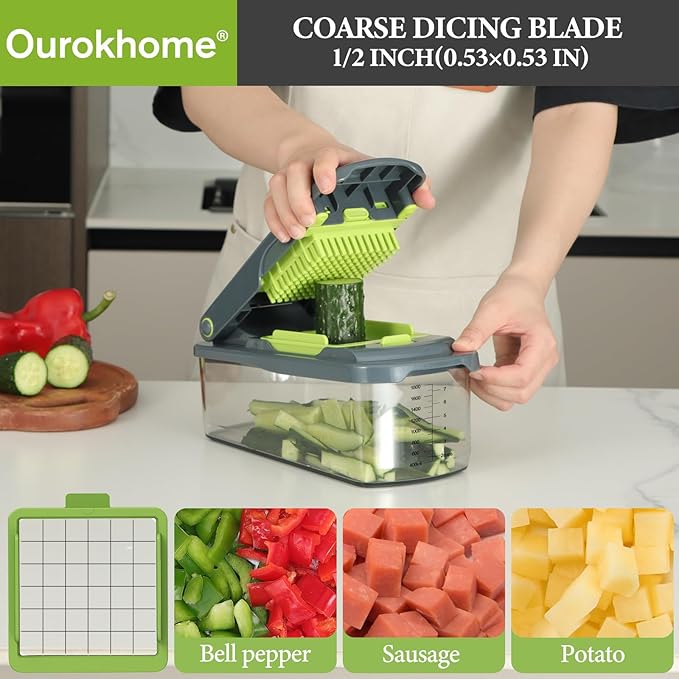 Ourokhome Vegetable Chopper Cutter with Container, Manual Hand Food Veggie Dicer with 2 Chopping Blades for Potato Strips, Onion Cubers, Carrot Sticks, Essential Kitchen Gadgets (2 in 1, Gray)