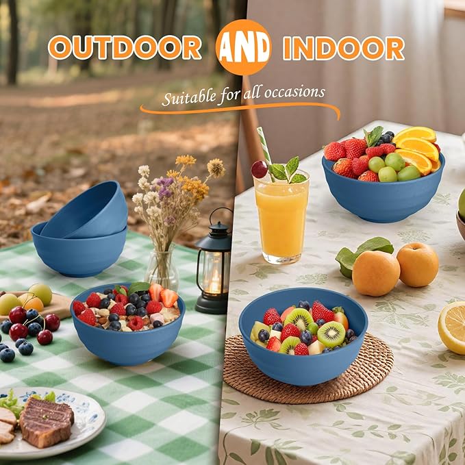 Homienly Deep Noodle Bowls Set of 8: 60oz Large Wheat Straw Bowls for Pho, Ramen & Salad, Lightweight & Unbreakable, Microwave Safe for Camping, Cereal & Soup (Blue)