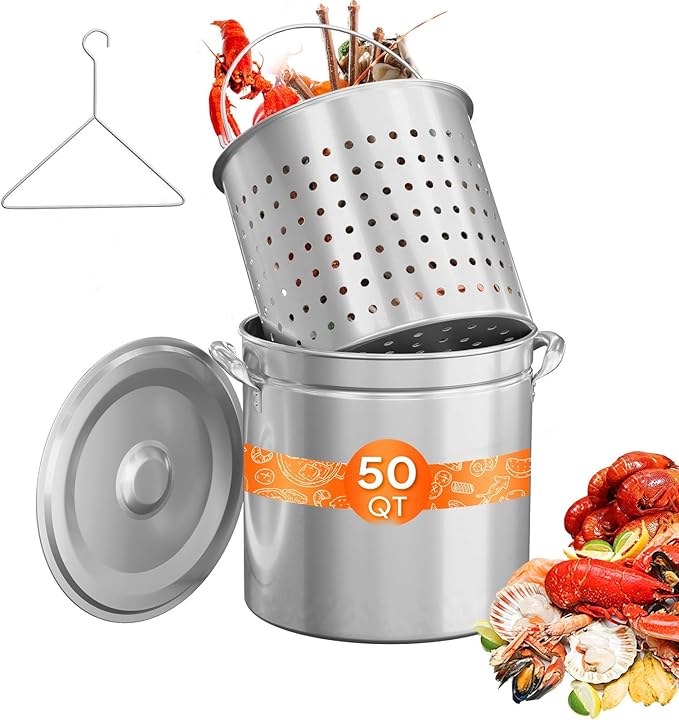 ROVSUN 50QT Stainless Steel Seafood Boil Pot With Strainer Basket, Lid & Hook, Versatile Stock for Crab, Lobster, Shrimp Boiling, Heavy-Duty Turkey Fryer for Outdoor Cooking & Gatherings