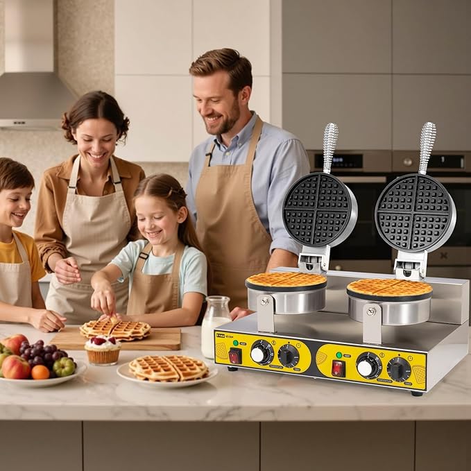 Dyna-Living Commercial Waffle Maker Double Head Waffle Maker, 2400W Non-Stick Commercial Waffle Iron Stainless Steel Waffle Machine for Restaurants, Large Waffle Machine Commercial