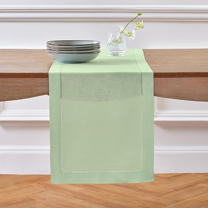 Solino Home Linen Table Runner 120 Inches Long - 100% Pure Linen Light Green Table Runner 14 x 120 Inch for Summer - Classic Hemstitch