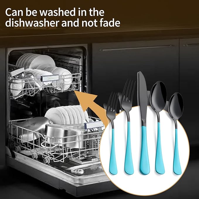 20-Piece Black and Lake Blue Silverware Set 18/0 Stainless Steel Silverware Set Lake Blue Handle Cutlery Set Service for 4 Dinner Knives Forks Spoons Set Flatware Set Finish Dishwasher Safe