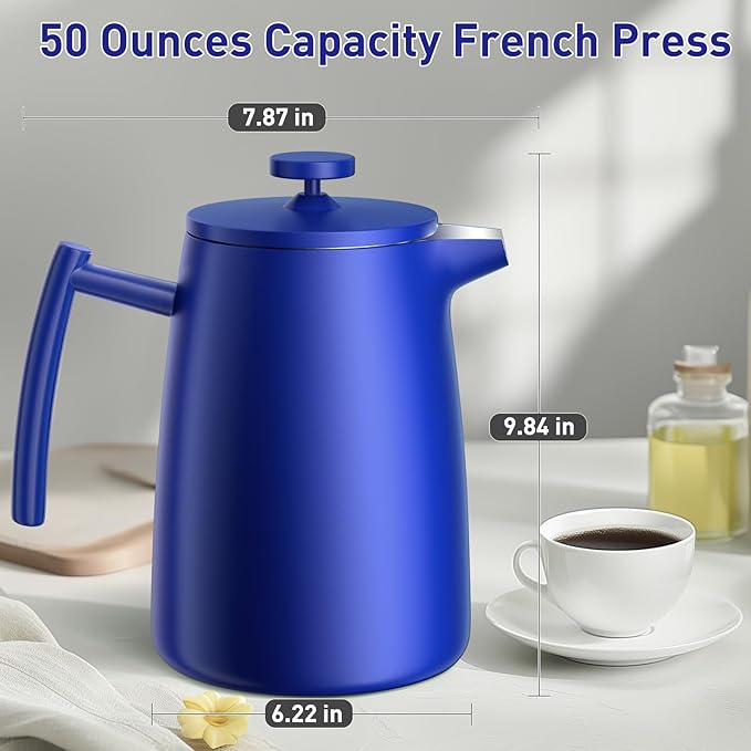 Secura 50oz French Press Coffee Maker – 304 Stainless Steel, Insulated Coffee Press with Extra Filter, Blue