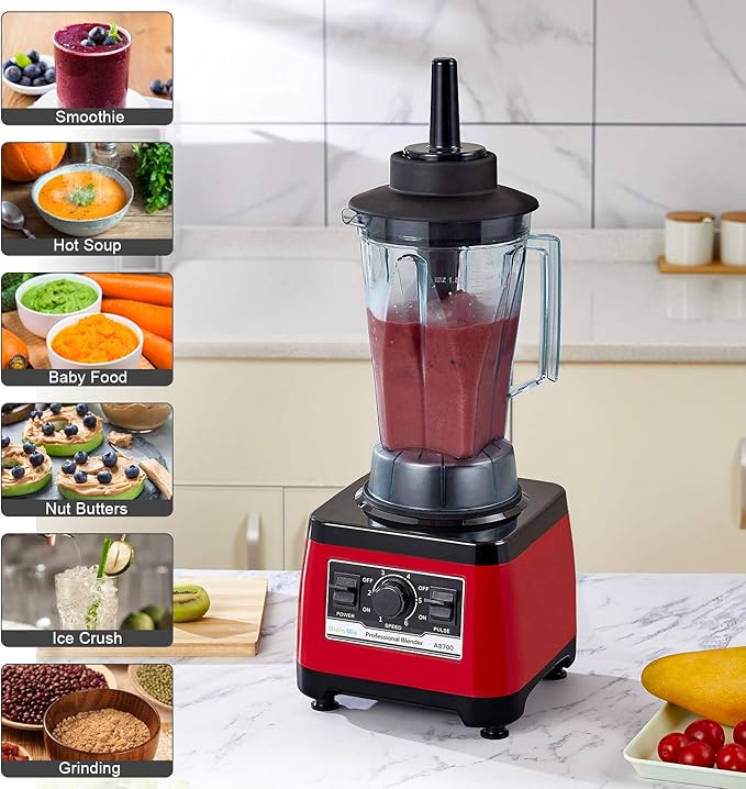 BioloMix Heavy Duty Professional Blender, Peak 2200W Commercial Grade Bar Blender With 70Oz Container For Shakes, Smoothies, Ice Crushing, Frozen Fruits, Soups, Dry Grinding (Red)