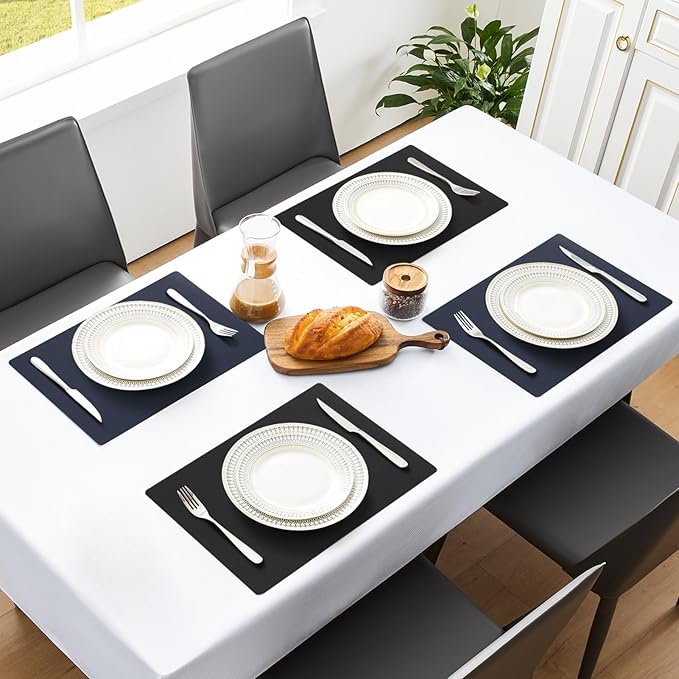 MOSAYT Vinyl Placemats Set of 6, Heat Resistant Place Mats 100% Waterproof Washable & Wipeable Faux Leather Reversible Table Mats for Kitchen Dining Party Indoor Outdoor, 12" x 17", Black/Navy