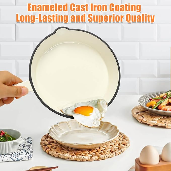 Hisencn Enameled Cast Iron Skillet Set - 3-Piece Fry Pans (8",9.5",11"), PFAS/PTFE/PFOA-Free, Oven & Induction Safe, Cream White Cookware for Gas, Electric, Ceramic Stovetops