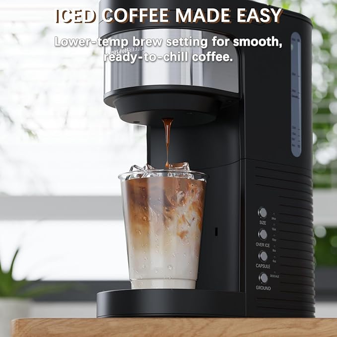 Single Serve Hot & Iced Coffee Maker, for K Cup Pod and Grounds, 6 to 24oz Brew Size, Slim Compact for Small Spaces, Descaling Reminder, with Reusable Filters, Black