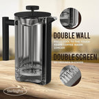 French Press Coffee Maker (1.5L)-Double Walled Large Coffee Press with 2 Extra Filters-Enjoy Granule-Free Coffee, Stylish Rust Free Kitchen Accessory-Stainless Steel (Black)
