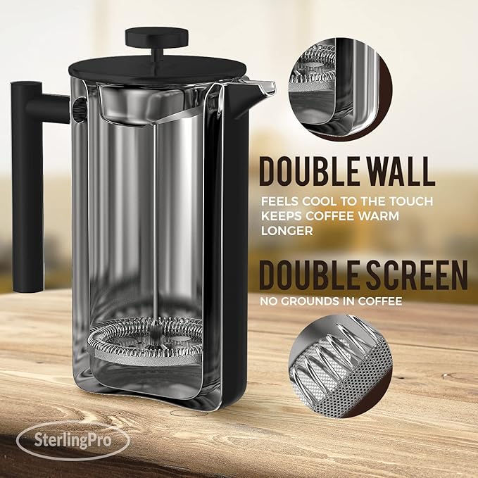 French Press Coffee Maker (1.5L)-Double Walled Large Coffee Press with 2 Extra Filters-Enjoy Granule-Free Coffee, Stylish Rust Free Kitchen Accessory-Stainless Steel (Black)