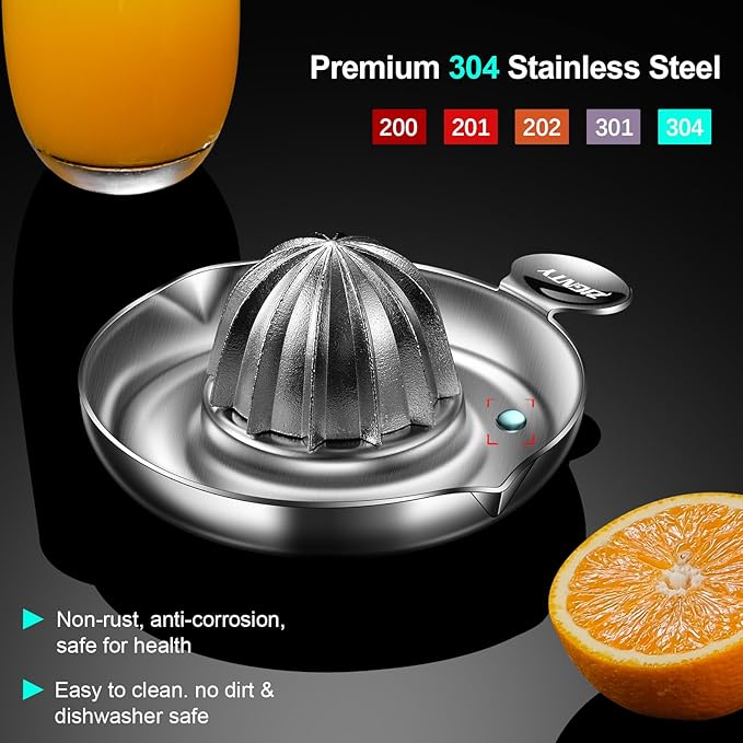 Lemon Squeezer Stainless Steel, Heavy Duty Hand Manual Citrus Juicer, Premium Orange Lime Fruit Squeezer, Robust Reamer Rotation 2 Pour Spout 200ML Container, Dishwasher Safe（5-Year Warranty）
