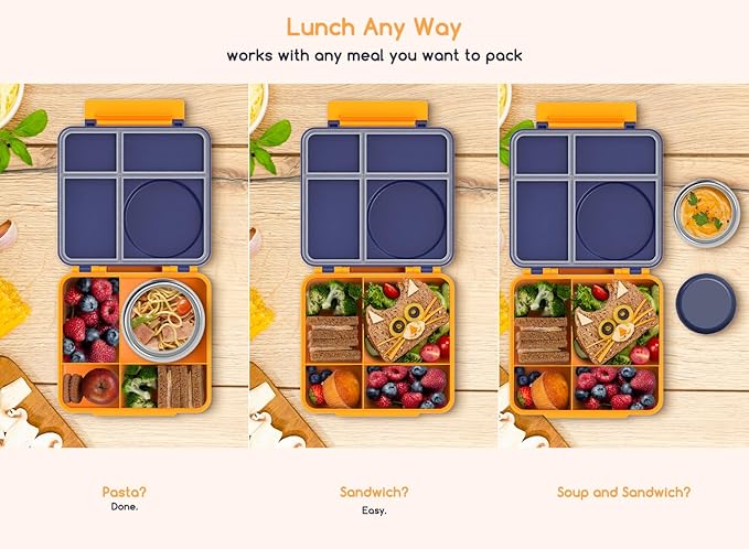 Bento Box for Kids - Leak-Proof Lunch Box with Insulated Thermos Food Jar - 4 Compartments, 1 Removable Divider, 1Spoon, 1 Fork - Dishwasher Safe, BPA-Free (Navy blue)