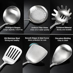 18/10 Stainless Steel Kitchen Utensils Set with Wooden Handle, 6 PCS Professional Cooking Utensils Set 15”, Wok Spatula, Ladle, Skimmer, Slotted Spatula Turner, Spaghetti Spoon, Large Spoon