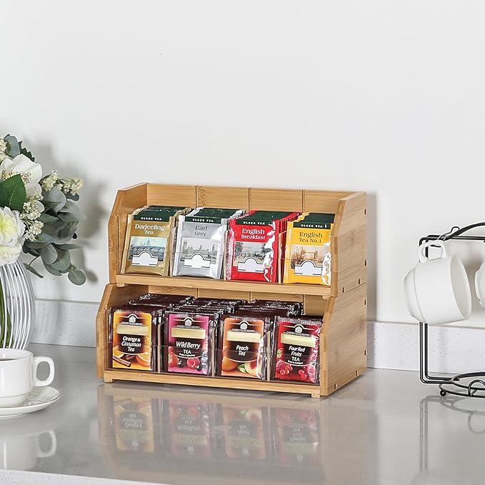 2-Layer Stackable Bamboo Tea Bag Organizer Storage Holder & Rack - Wooden Tea Box Containers - Stand for Countertop or Cabinet