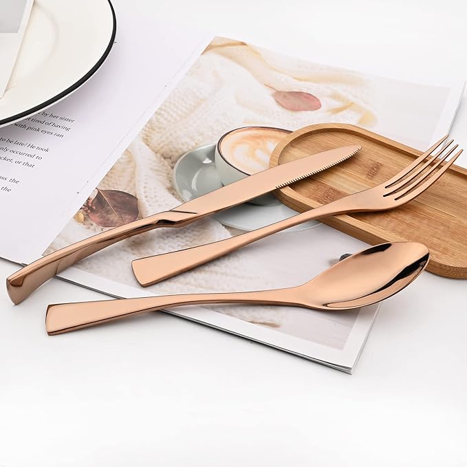 Copper Tableware 20Pcs Mirror Polished 18/10 Stainless Steel Luxury Flatware - Heavy Cutlery Set Service For 4 Include Knives/Forks/Spoons/Salad Fork/Teaspoon, Dishwasher Safe