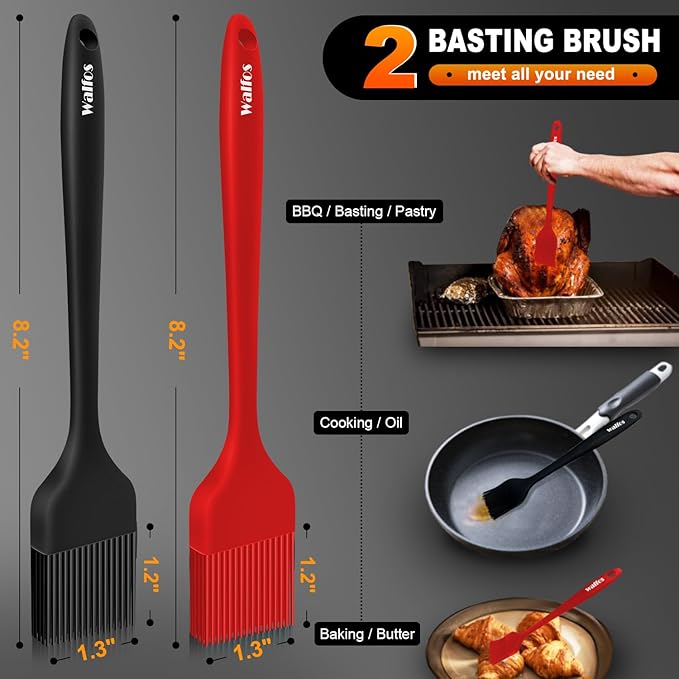 Walfos Silicone Basting Pastry Brush, Heat Resistant Small Basting Brush Set, Strong Steel Core and One-Pieces Design, Perfect for BBQ Kitchen Cooking, Desserts, BPA Free, 2 Pcs