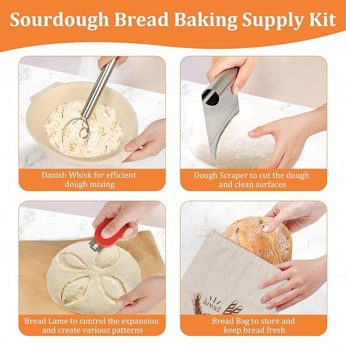 Sourdough Bread Baking Supplies Kit Including 9 inch Round Silicone Banneton Basket, Dough Scraper, Bread Lame, Danish Whisk and Bread Bag;Bread Proofing Basket Set for Home Bakers