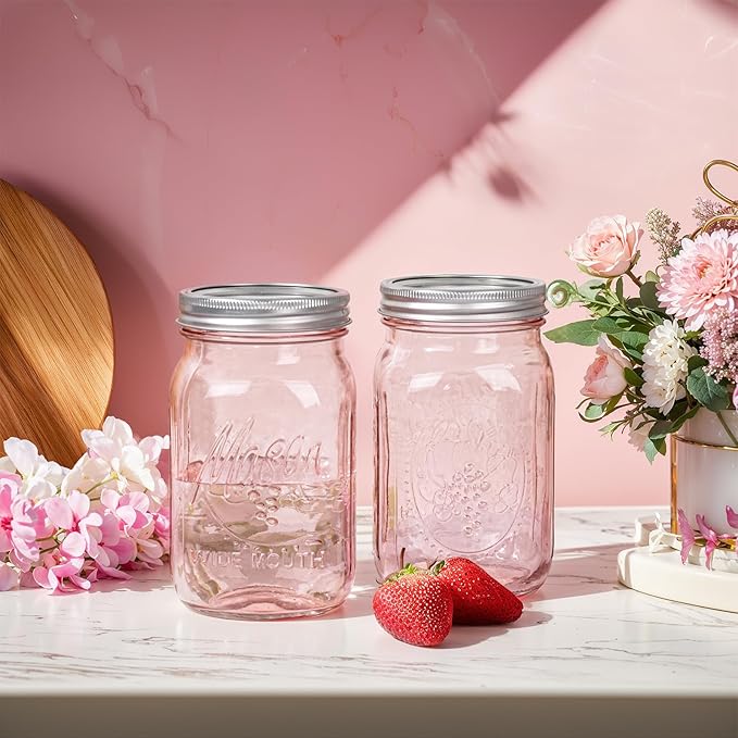WELLIFE Pink Mason Jars 32 oz, 2 Pack Wide Mouth Mason Jars for Safe Storage, Fermenting, Pickling, DIY, Crafts Decoration