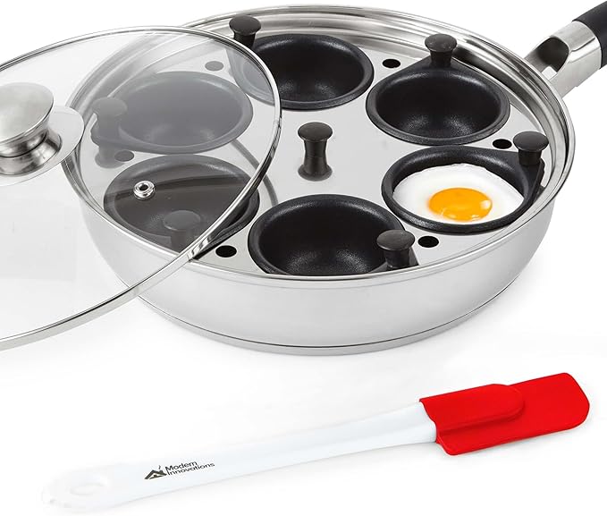 Modern Innovations Egg Poacher Pan - Nonstick Stainless Steel Maker With Handle, 6 Cups, and Silicone Spatula