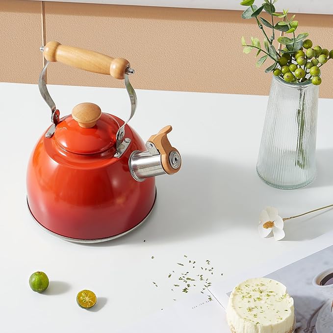 ROCKURWOK Tea Kettle, Tea Pot with Cool Touch Ergonomic Handle, Teapot Food Grade Stainless Steel, Tea Kettle Stovetop, Kettle Teapot, Whistling Tea Kettle, Small Tea Pot, 1.6 Quart (Red)