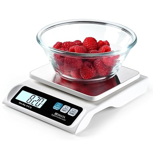 BOMATA 0.1g/ 13lb Food Scale, Digital Kitchen Scale with Removable Stainless Steel Pan, Backlit LCD Display, for Cooking, Baking B621 White