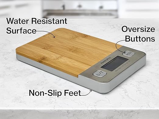 Bamboo Platform Digital Kitchen Scale - for Food Coffee Lab - LCD Display gram Ounces lb:oz - 11 LB/5 KG Capacity - Battery Included - Natural by The Display Guys