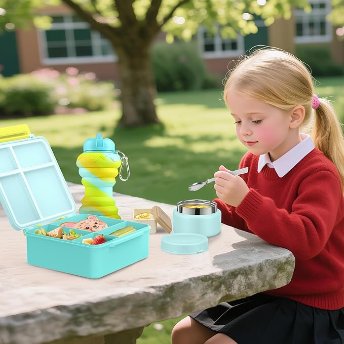 Lunch Box Kids Box Bento Box for Kids - 9oz Soup Thermo, Insulated Bento Lunch Box with Leak Proof Vacuum Insulated Food Jar - 5 Compartments((Blue Sky)