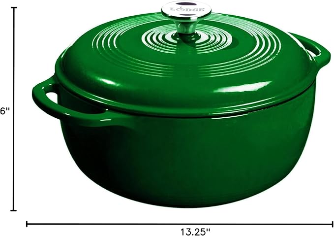 Lodge 6 Quart Enameled Cast Iron Dutch Oven with Lid – Dual Handles – Oven Safe up to 500° F or on Stovetop - Use to Marinate, Cook, Bake, Refrigerate and Serve – Evergreen