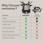 Swissmar Arolla 10 Pieces Stainless Steel Electric Fondue Set - Perfect Fondue Pot Electric Set for Cheese, Caramel, Chocolate, Oil, Broth & More - Gift Ideas for Wedding, House Warming, 2.1 Qt / 2L
