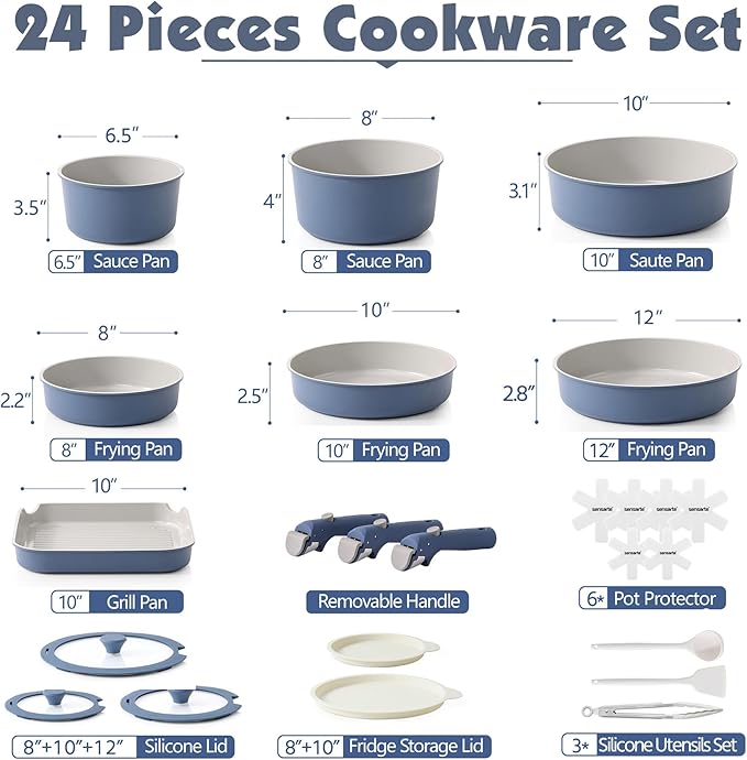 SENSARTE 24 Piece Ceramic Pots and Pans Set, Nonstick Detachable Handle Cookware, Induction Kitchen Cookware Set with Removable Handle, Healthy Non Stick for RV, Dishwasher＆Oven Safe, PFOA Free (Navy)