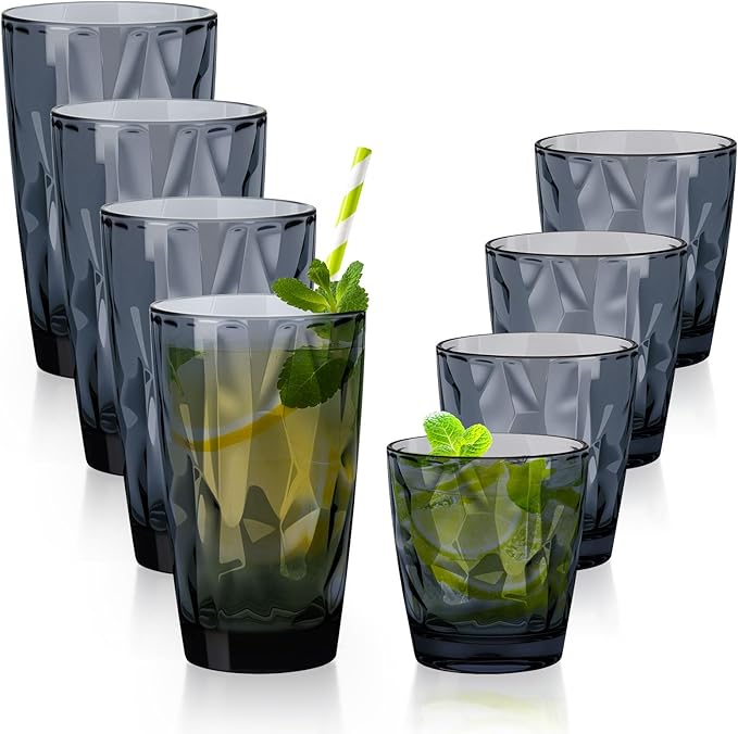 Topsky Plastic Tumblers Reusable,Shatter Proof Cups Drinking Glasses,Unbreakable Plastic Tumblers Beverage Acrylic Juice Wine Cups for Home Picnic Party,Dishwasher Safe,Stackable|10-oz&16-oz|Gray