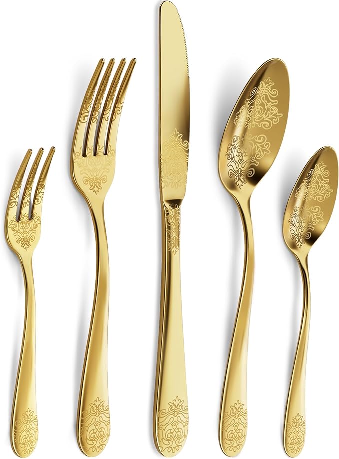 20-Piece Stainless Steel Silverware Set, Elegant Floral Engraved Cutlery Flatware Set for 4, Golden Tableware Utensil Sets Durable Include Fork Spoon Knife with Mirror Polish