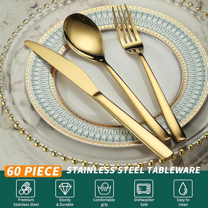 Berglander Gold Wedding Silverware Set 60pcs Service for 20, Titanium Plating Stainless Steel Flatware Set, Gold Spoons Forks Knives Set for Home, Wedding, Restaurant, Dishwasher Safe
