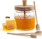 17oz Honey Jar with 3 Wooden Dippers,Pot Container Dispenser,Clear Glass Honey Container for Home Kitchen,Store Honey and Syrup,Easy to Clean
